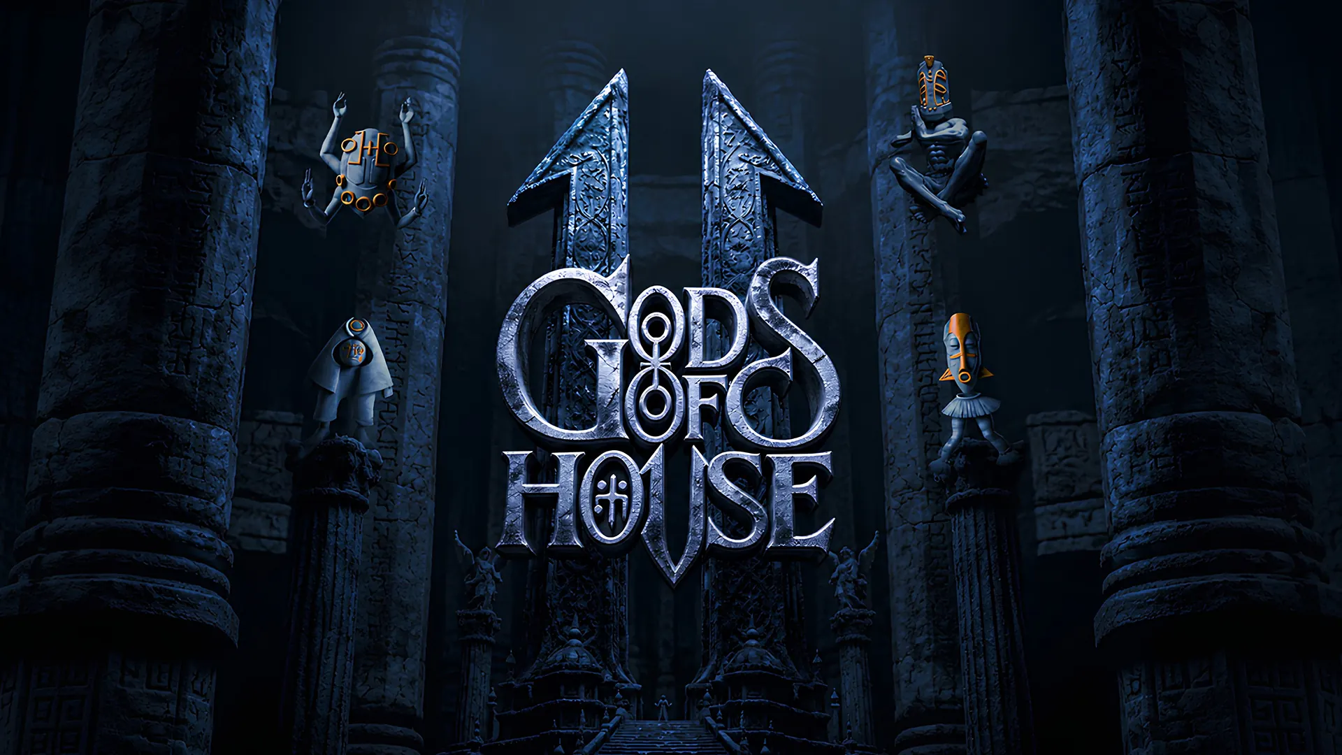 Gods of House: a carved blue stone temple with a stone 11 made of two upward arrows